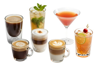 Assortment of Coffee and Cocktails in Glassware: Espresso, Latte, Cappuccino, Mojito, Cosmopolitan, Tequila Sunrise isolated on transparent background
