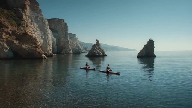 Kayaking Adventure: Two kayaks glide gracefully across the crystal-clear waters of the serene ocean, as cliffs and formations frame the stunning natural landscape. 