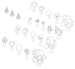 Low poly tree pack features symmetrical black and white contour drawings of a forest. Each tree has unique delicate branches and varying shades of green.