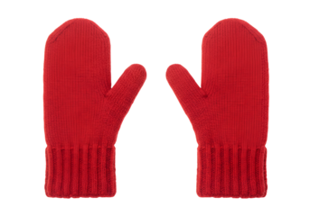Pair of vibrant red knit mittens with ribbed cuffs against a solid black background for winter