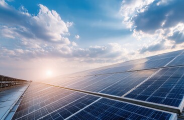 A breathtaking shot captures the sun's radiant glow as it casts its golden rays across the vast expanse of solar panels, harnessing the power of nature.
