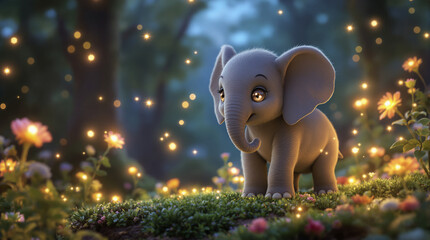 Enchanting Baby Elephant in a Dreamy Forest with Glowing Lights and Whimsical Flowers, a Magical Woodland Scene