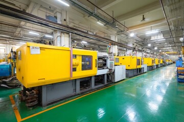 A plastic molding factory with large press machines An AI program is adjusting temperatures for consistent output The mood feels steady and productive, Generative AI