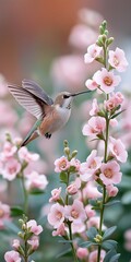 Fototapeta premium Hummingbird Hovers Near Delicate Pink Flowers Beautiful Bird Discovers Sweet Nectar Blooms