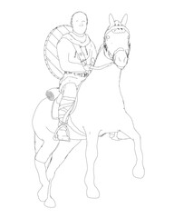 A warrior on horseback charges forward in full armor, wielding a sword with determination. The galloping horse has a flowing mane and tail, set against a clean white background.