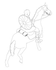 A warrior in armor rides a majestic horse with detailed saddle and bridle. The contour drawing features clean lines on a white background, ideal for coloring activities.