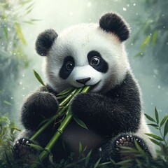 Obraz premium Adorable giant panda eating bamboo in a lush forest setting