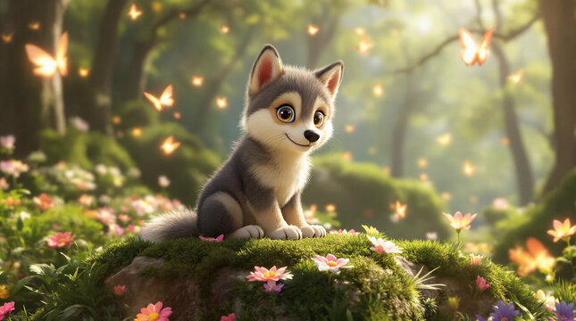 Adorable Cartoon Wolf Pup Sitting in Enchanted Forest with Glowing Butterflies and Wildflowers, Whimsical Digital Art