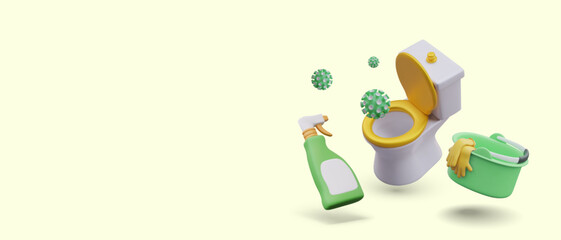 Toilet disinfection concept. 3D toilet with open lid, viruses, spray with blank label, bucket with rubber gloves. Hygiene, sanitary measures, destruction of bacteria in loo