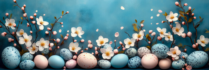 Serene Easter panorama featuring pastel speckled eggs, white cherry blossoms, and falling petals against textured teal backdrop