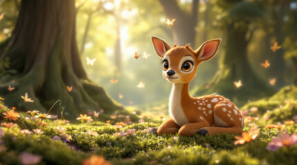 Adorable Fawn Resting in a Sun-Dappled Enchanted Forest with Glowing Butterflies and Autumn Leaves, Whimsical Woodland Scene