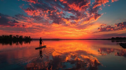 Paddleboarding in solitude at sunset, vast and minimalistic