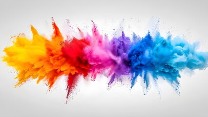 Rainbow dust powder explosion white background, isolated background. Dynamic blast eruption, vibrant colorful effect, lgbt, party, celebration, festival, color run element