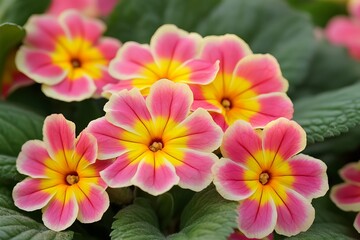 Close-up of vibrant pink and yellow primrose flowers