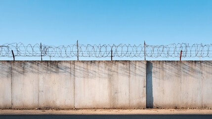 A stark concrete wall topped with barbed wire against a clear blue sky evokes feelings of confinement.