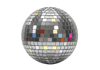 Reflective disco ball with colorful lights on a black background for dance floor decoration and