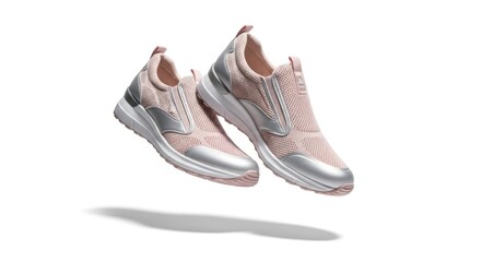 Two pink and silver slip-on sneakers appear to be floating against a white background, casting a soft shadow.