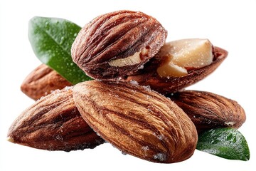 Close-up of almonds with leaves