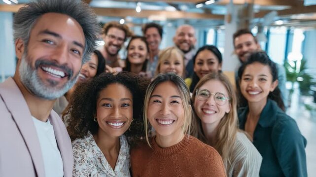 Diverse Colleagues: A cheerful group of office colleagues, representing a broad spectrum of cultural backgrounds, smiling broadly for a group photo.