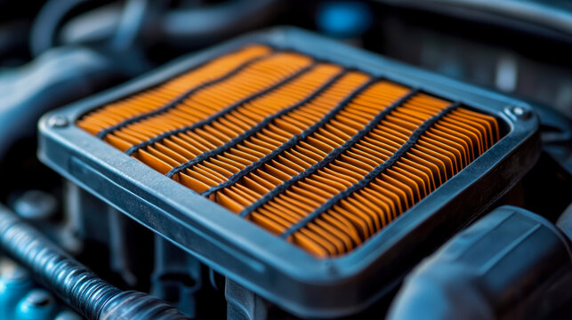 Close-up view of vibrant orange pleated automotive air filter, crucial for engine performance and protecting vehicle's internal components.
