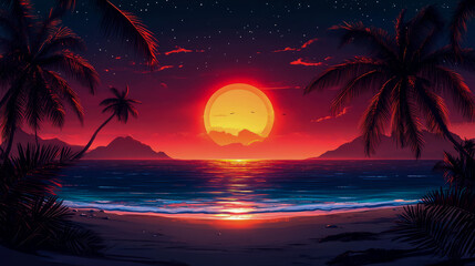 Vibrant tropical beach sunset with silhouetted palm trees, distant mountains, and brilliant red and orange sky reflecting on calm ocean waves under starry twilight