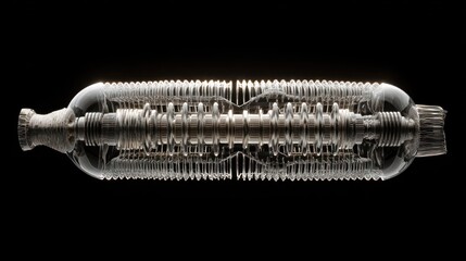 Intricate glass encased mechanical assembly with radial fins against a black background