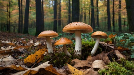 Mushrooms in the forest, autumn woodland and natural foraging concept