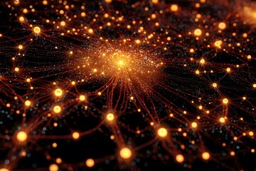 Obraz premium Neural network glowing bright orange in dark background.