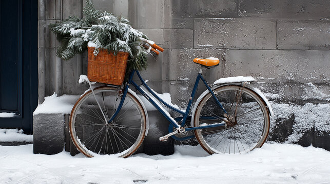 Vintage bicycle with basket and Christmas tree in winter snow  