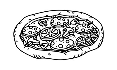Round, fluffy, ready-made pizza doodle. Pizza with sausage, mushrooms, tomatoes, and spinach. Half-sides. Grunge, engraving, monochrome drawing with black lines on a white background.