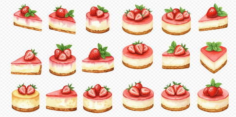 Collection of strawberry cheesecake slices and mini cakes, various angles and toppings.