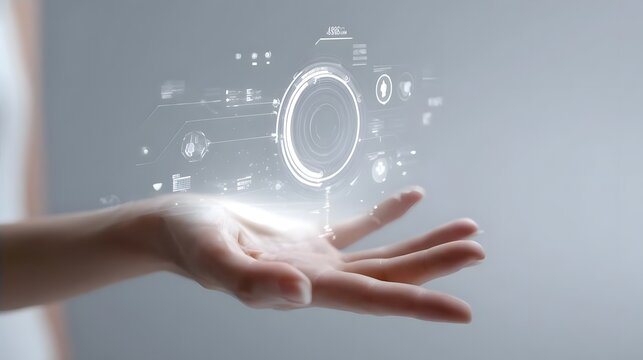 A hand holding a holographic interface in a neutral light.