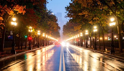 Autumnal city street at night