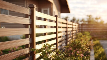 Fototapeta premium Close-up of a modern wooden fence at sunset, surrounded by greenery and blooming flowers.