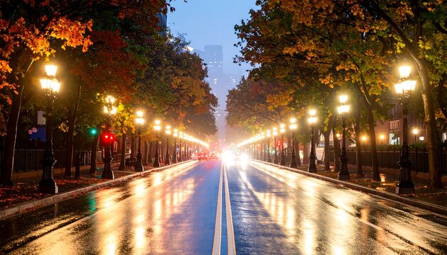 Autumnal city street at night