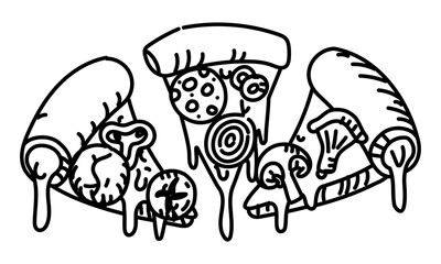 Three triangular pieces of pizza with cheese border together in doodle style. Pizza with different ingredients. Hanging in semicircle. Grunge, engraving, monochrome drawing with black lines on a white