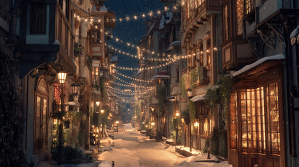 Charming winter street illuminated with lights at night
