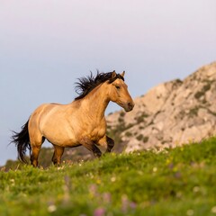 Obraz premium Horse galloping in a meadow at dawn