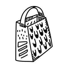 Metal grater in the Doodle style. Four-sided grater with handle on top, standing sideways, grating food,vegetables. Engraving, line, doodle of kitchen utensils for cooking. Hand-drawn in retro style