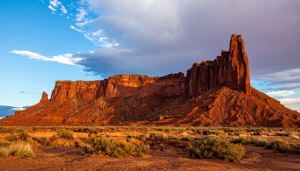 High desert landscapes showcase majestic rock formations, sculpted by wind over millennia, creating dramatic shapes, natural arches, and layered cliffs, illustrating geological history, arid beauty, r