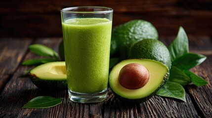 a glass of avocado juice on a wooden table