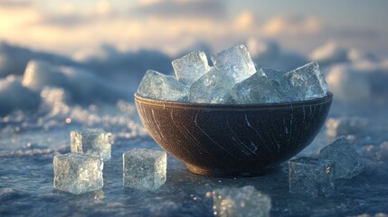 winter scenery and ice cubes in a bowl