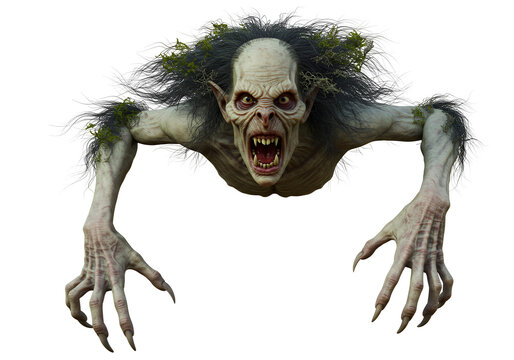 Spooky and terrifying creature with a ghastly face and outstretched claws on a black background