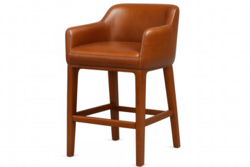 Comfortable and stylish, brown leather bar stool with wooden legs, perfect for modern kitchens or bars, isolated on transparent background