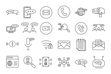 communication icon set collection style outline. Contain speech bubble, mobile messaging, email, telephone, global communication, malibox