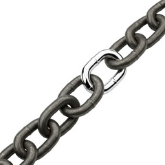 Obraz premium Heavy, robust industrial iron chain with raw, dark links and one highly reflective, mirror-like chrome link, against a transparent studio background, ultra-realistic UHD product photography with