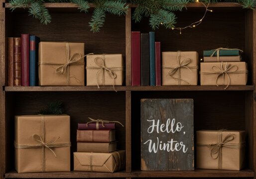 Rustic wooden shelf with winter gifts and vintage books decorated with fir branches and lights. Hello winter sign for holiday card.