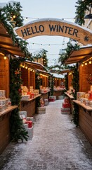 Fototapeta premium Christmas market stalls decorated with lights and presents in winter. Hello winter sign on wooden arch. Holiday fair.