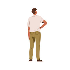Man standing and looking, back view from behind. Male with hand on hip, turned pose, watching, observing. Spectator character facing away. Flat vector illustration isolated on white background
