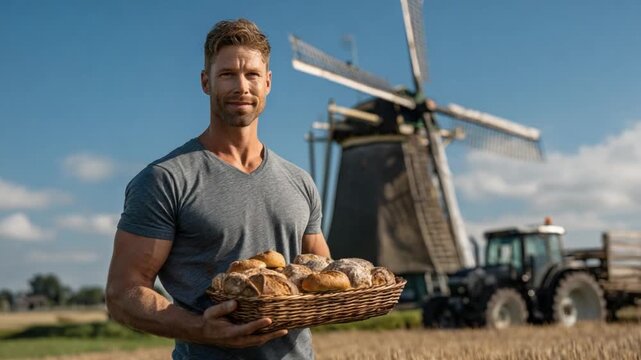 Harvesting Tradition: A muscular, tanned individual, holds a basket overflowing with artisan bread against the backdrop of a majestic windmill and a sunny field, embodies a scene of honest.